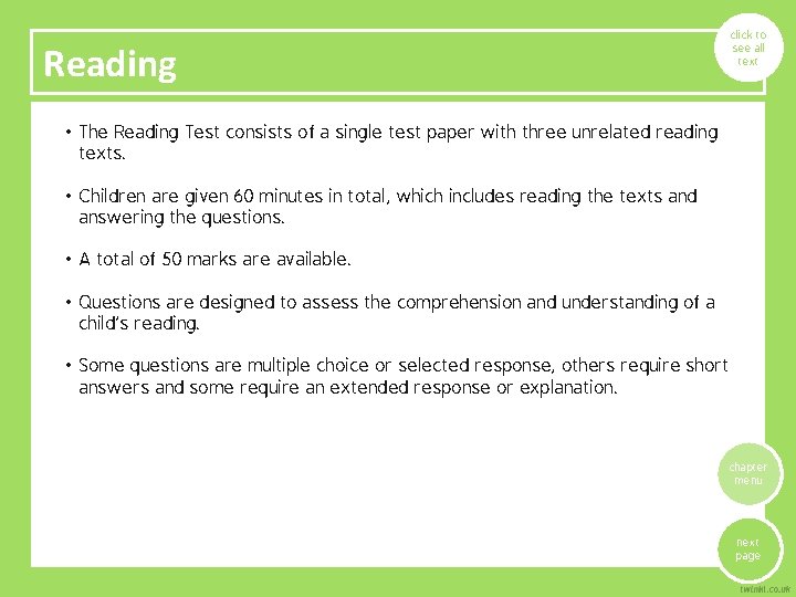 click to see all text Reading • The Reading Test consists of a single
