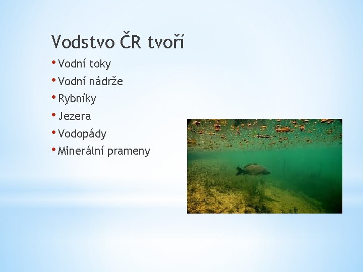 Vodstvo ČR tvoří • Vodní toky • Vodní nádrže • Rybníky • Jezera •