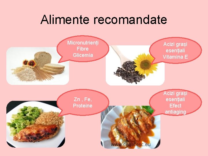 Alimente recomandate Micronutrienți Fibre Glicemia Acizi grași esențiali Vitamina E Zn , Fe, Proteine