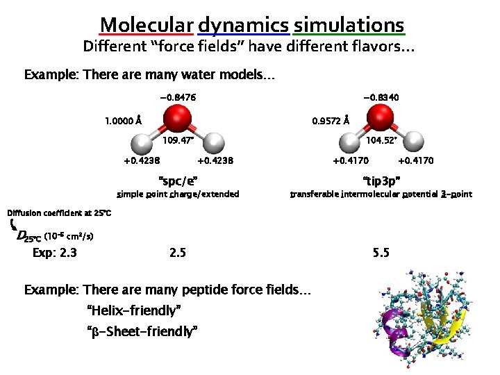 Molecular dynamics simulations Different “force fields” have different flavors… Example: There are many water