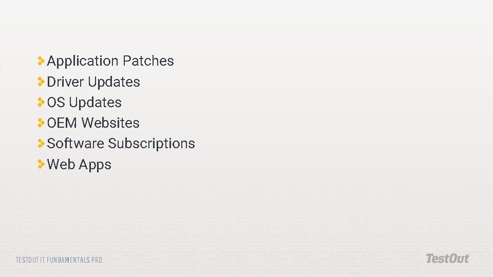 Application Patches Driver Updates OS Updates OEM Websites Software Subscriptions Web Apps TESTOUT IT Application Patches Driver Updates OS Updates OEM Websites Software Subscriptions Web Apps TESTOUT IT