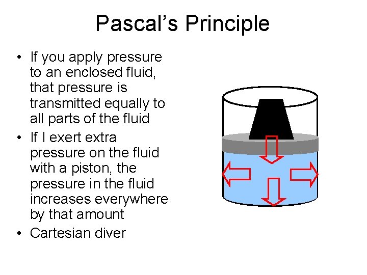 Pascal’s Principle • If you apply pressure to an enclosed fluid, that pressure is