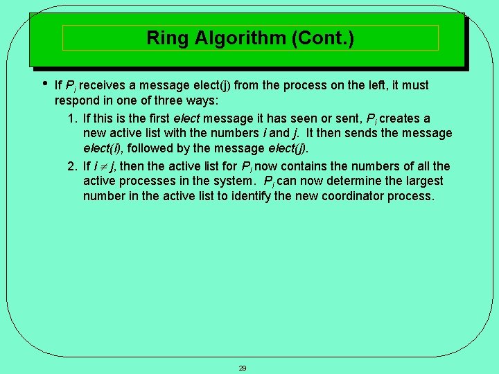 Ring Algorithm (Cont. ) • If Pi receives a message elect(j) from the process
