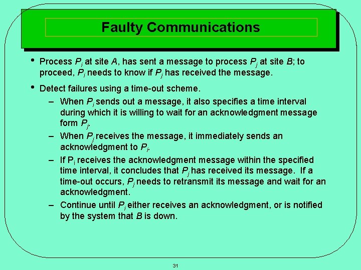 Faulty Communications • Process Pi at site A, has sent a message to process