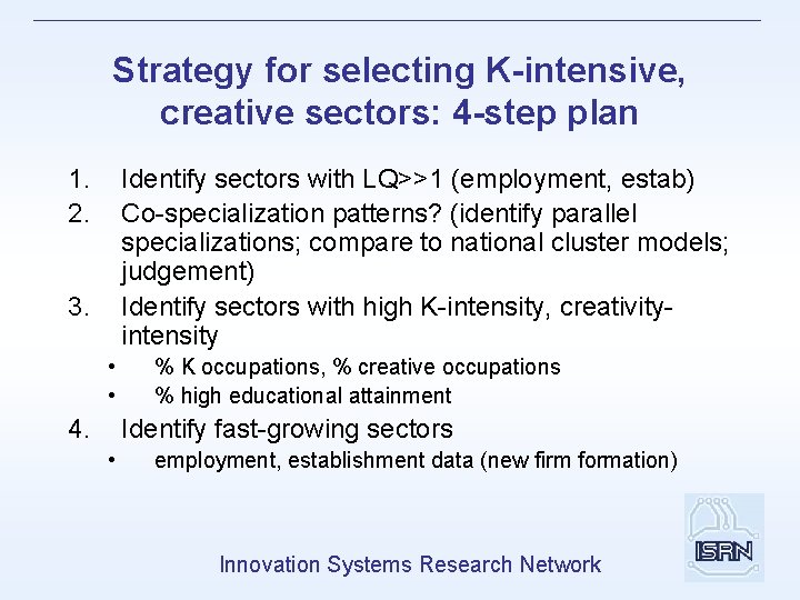 Strategy for selecting K-intensive, creative sectors: 4 -step plan 1. 2. Identify sectors with