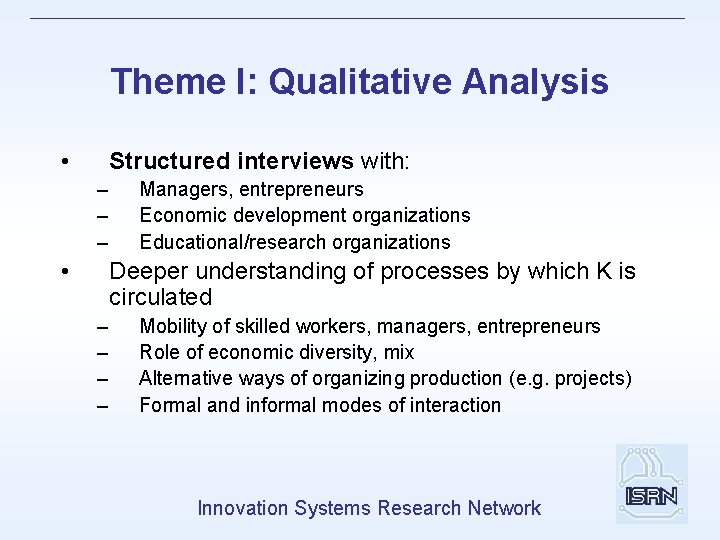 Theme I: Qualitative Analysis • Structured interviews with: – – – • Managers, entrepreneurs