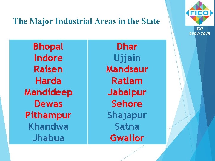 The Major Industrial Areas in the State ISO 9001: 2015 Bhopal Indore Raisen Harda The Major Industrial Areas in the State ISO 9001: 2015 Bhopal Indore Raisen Harda