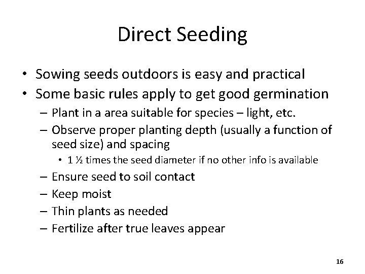 Direct Seeding • Sowing seeds outdoors is easy and practical • Some basic rules