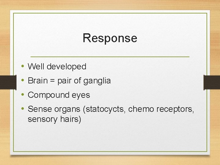 Response • • Well developed Brain = pair of ganglia Compound eyes Sense organs