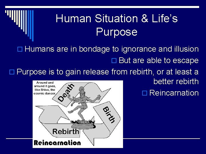 Human Situation & Life’s Purpose o Humans are in bondage to ignorance and illusion