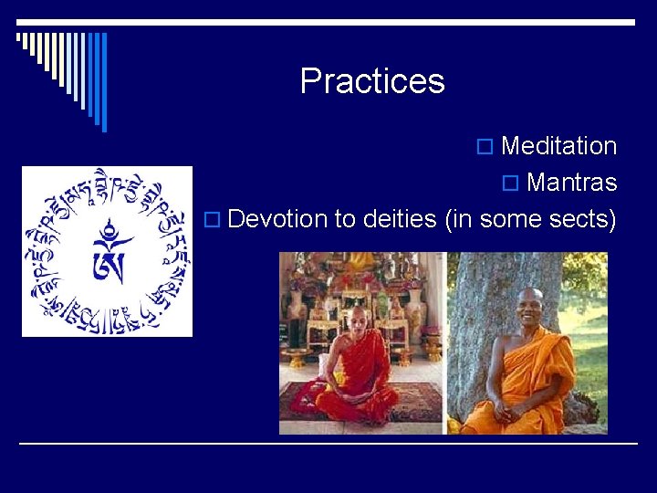 Practices o Meditation o Mantras o Devotion to deities (in some sects) 