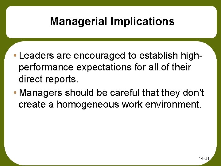 Managerial Implications • Leaders are encouraged to establish highperformance expectations for all of their