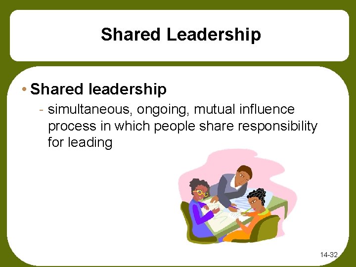 Shared Leadership • Shared leadership - simultaneous, ongoing, mutual influence process in which people