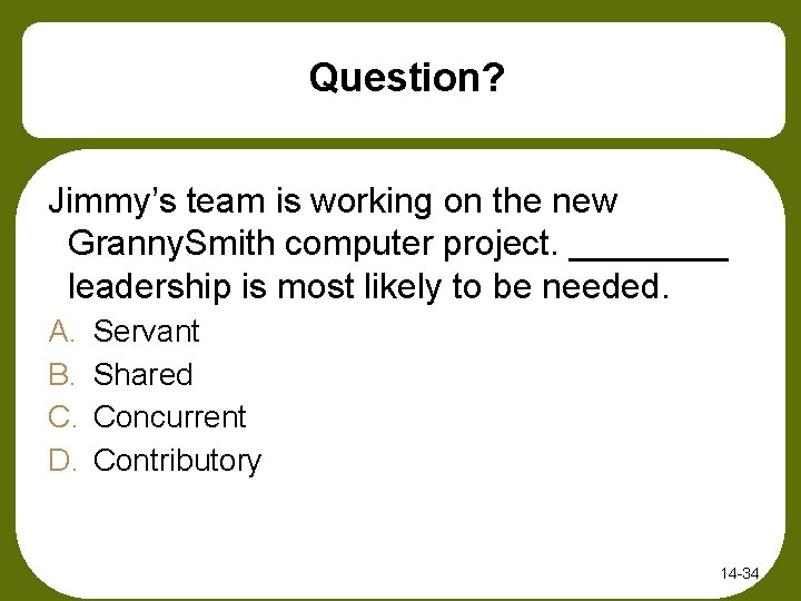 Question? Jimmy’s team is working on the new Granny. Smith computer project. ____ leadership