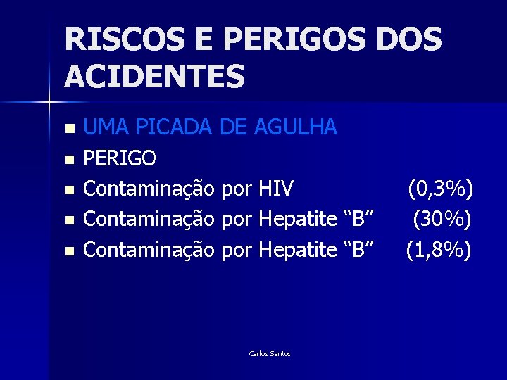 RISCOS E PERIGOS DOS ACIDENTES n n n UMA PICADA DE AGULHA PERIGO Contaminação