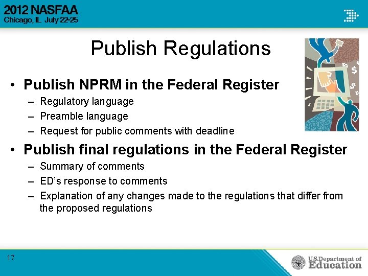 Publish Regulations • Publish NPRM in the Federal Register – Regulatory language – Preamble