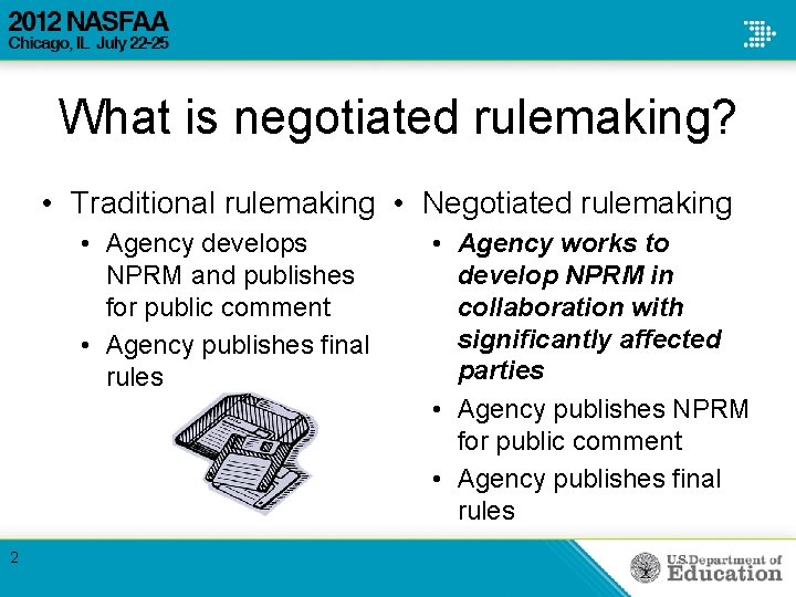 What is negotiated rulemaking? • Traditional rulemaking • Negotiated rulemaking • Agency develops NPRM