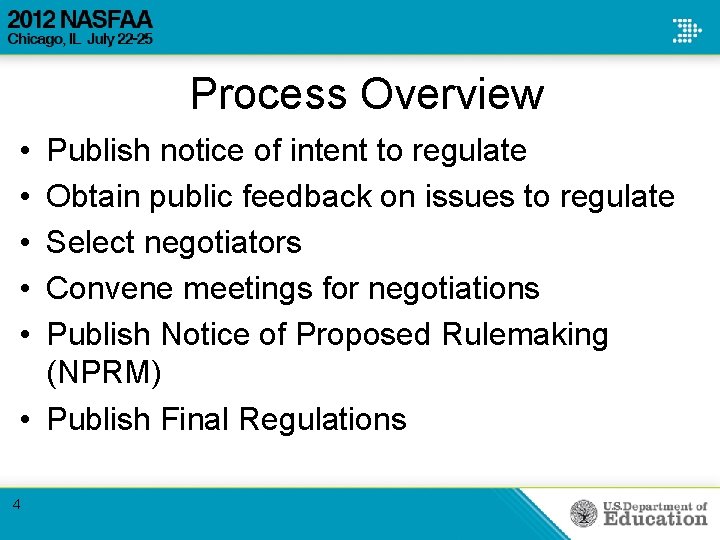Process Overview • • • Publish notice of intent to regulate Obtain public feedback