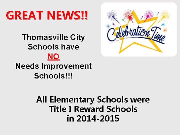 GREAT NEWS!! Thomasville City Schools have NO Needs Improvement Schools!!! All Elementary Schools were