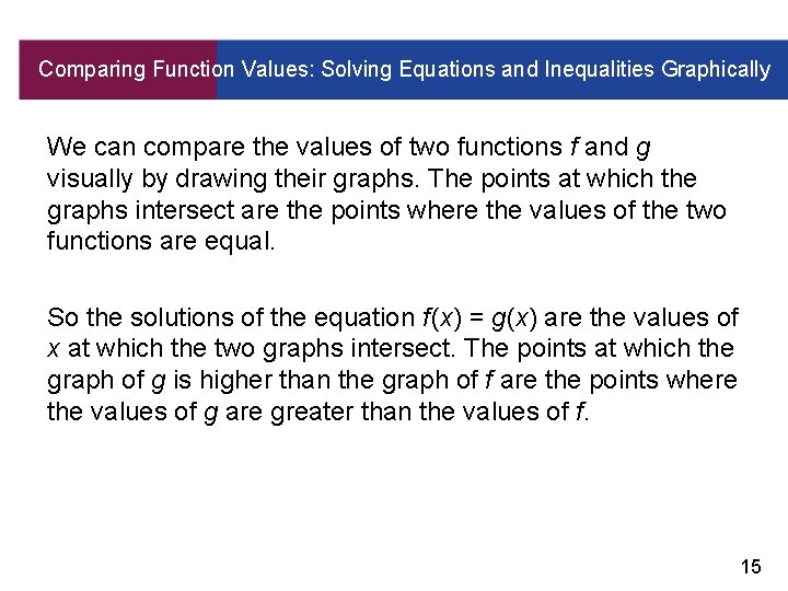 Comparing Function Values: Solving Equations and Inequalities Graphically We can compare the values of