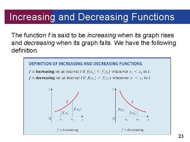 Increasing and Decreasing Functions The function f is said to be increasing when its