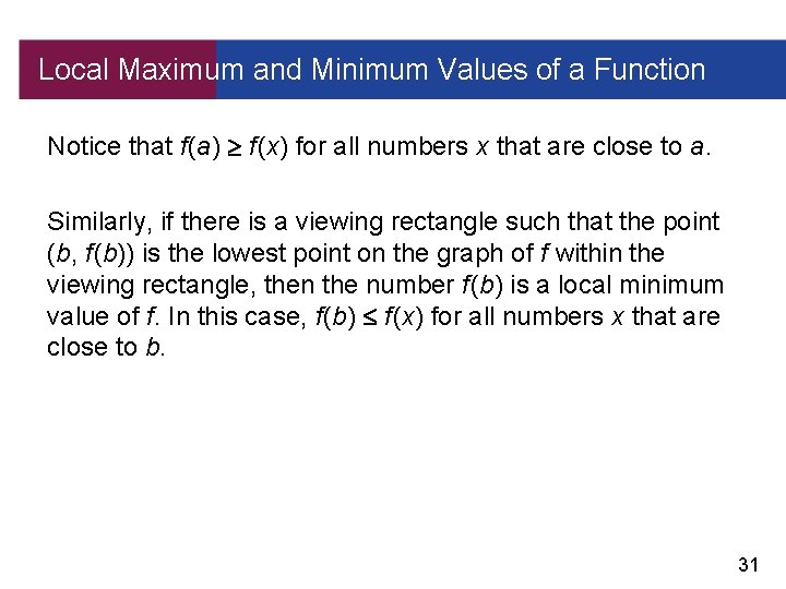 Local Maximum and Minimum Values of a Function Notice that f (a) f (x)
