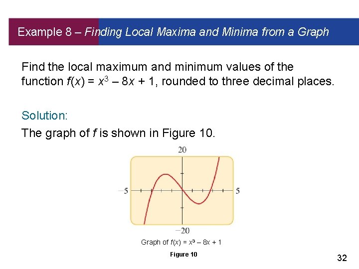 Example 8 – Finding Local Maxima and Minima from a Graph Find the local