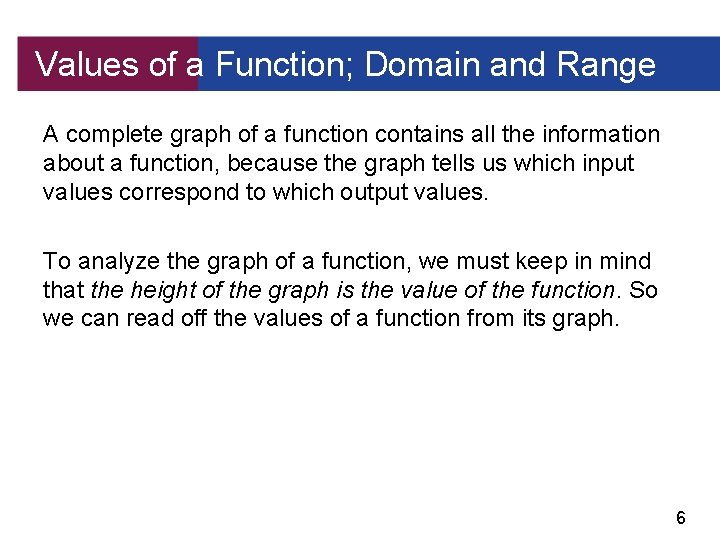 Values of a Function; Domain and Range A complete graph of a function contains