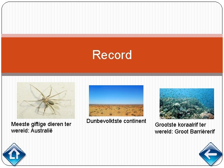 Record Meeste giftige dieren ter wereld: Australië Dunbevolktste continent Grootste koraalrif ter wereld: Groot