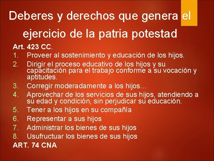 Deberes y derechos que genera el ejercicio de la patria potestad Art. 423 CC.