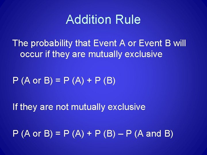 Addition Rule The probability that Event A or Event B will occur if they