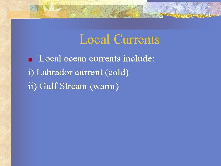 Local Currents Local ocean currents include: i) Labrador current (cold) ii) Gulf Stream (warm)