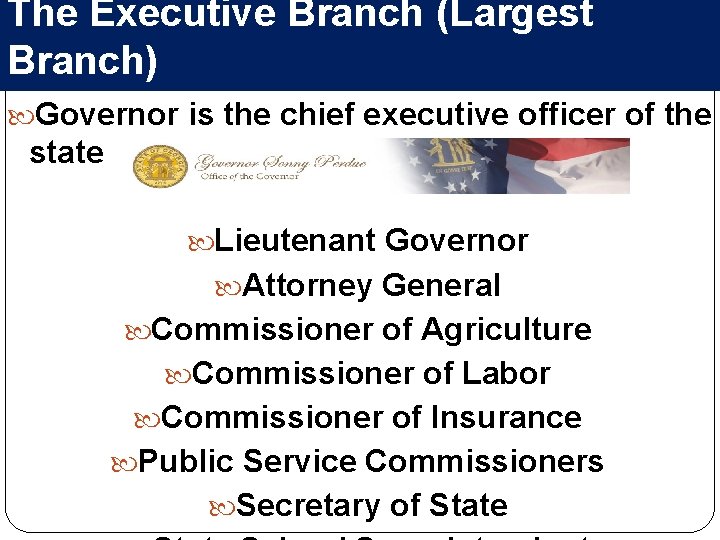 The Executive Branch (Largest Branch) Governor is the chief executive officer of the state