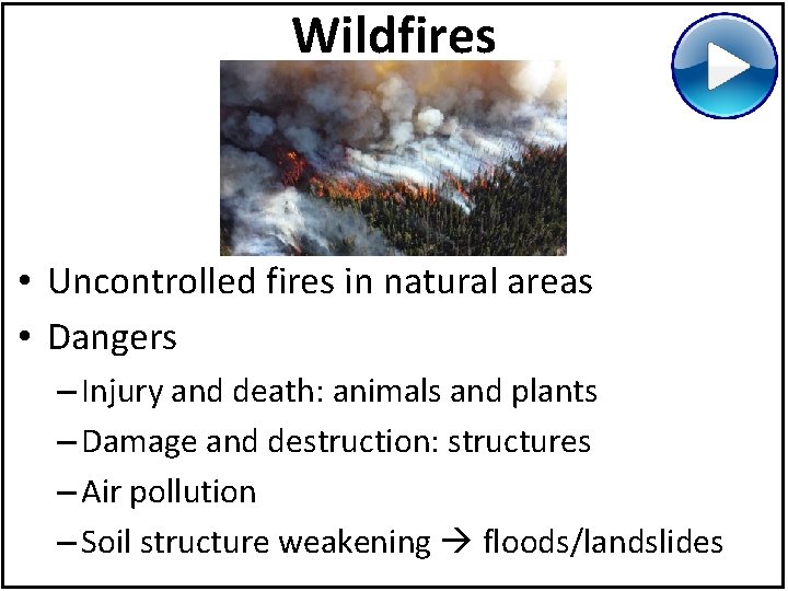 Wildfires • Uncontrolled fires in natural areas • Dangers – Injury and death: animals
