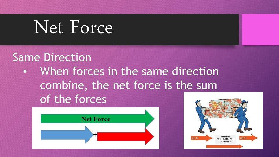 Net Force Same Direction • When forces in the same direction combine, the net