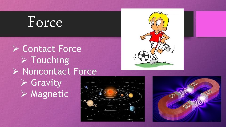 Force Ø Contact Force Ø Touching Ø Noncontact Force Ø Gravity Ø Magnetic 