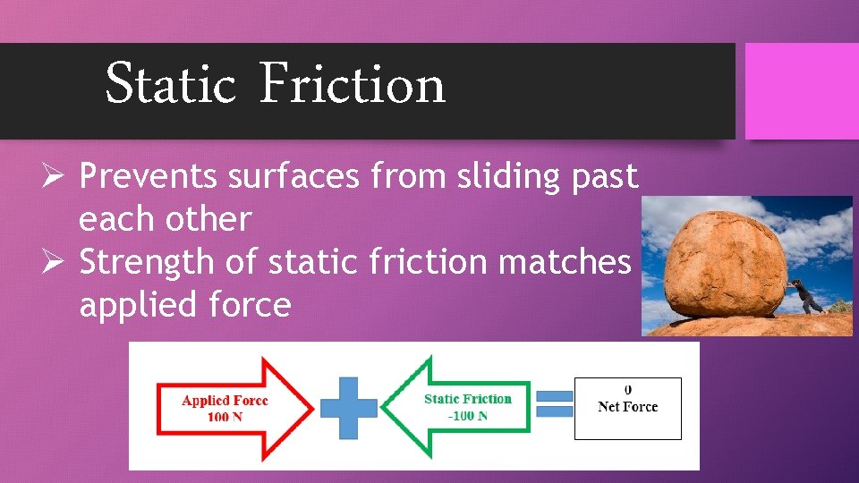 Static Friction Ø Prevents surfaces from sliding past each other Ø Strength of static