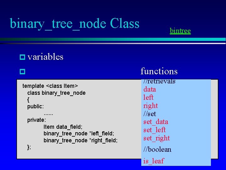 binary_tree_node Class bintree p variables p template <class Item> class binary_tree_node { public: .