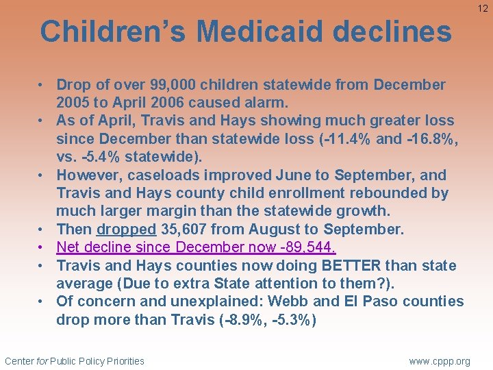 12 Children’s Medicaid declines • Drop of over 99, 000 children statewide from December