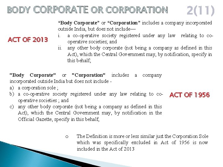 BODY CORPORATE OR CORPORATION ACT OF 2013 2(11) “Body Corporate” or “Corporation” includes a