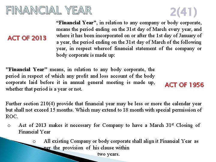 FINANCIAL YEAR ACT OF 2013 2(41) “Financial Year”, in relation to any company or