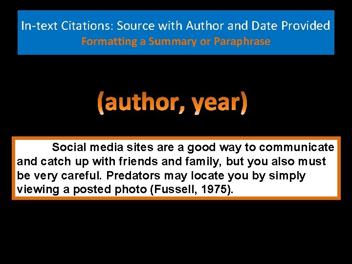 In-text Citations: Source with Author and Date Provided Formatting a Summary or Paraphrase Social