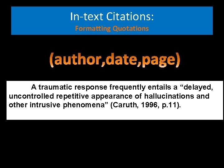 In-text Citations: Formatting Quotations A traumatic response frequently entails a “delayed, uncontrolled repetitive appearance