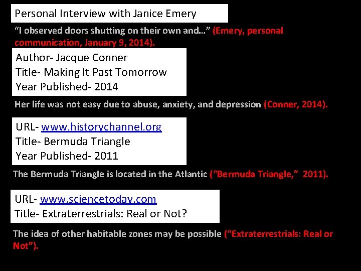 Personal Interview with Janice Emery “I observed doors shutting on their own and…” (Emery,