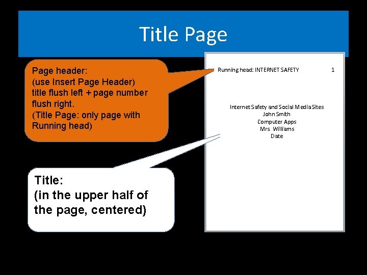 Title Page header: (use Insert Page Header) title flush left + page number flush