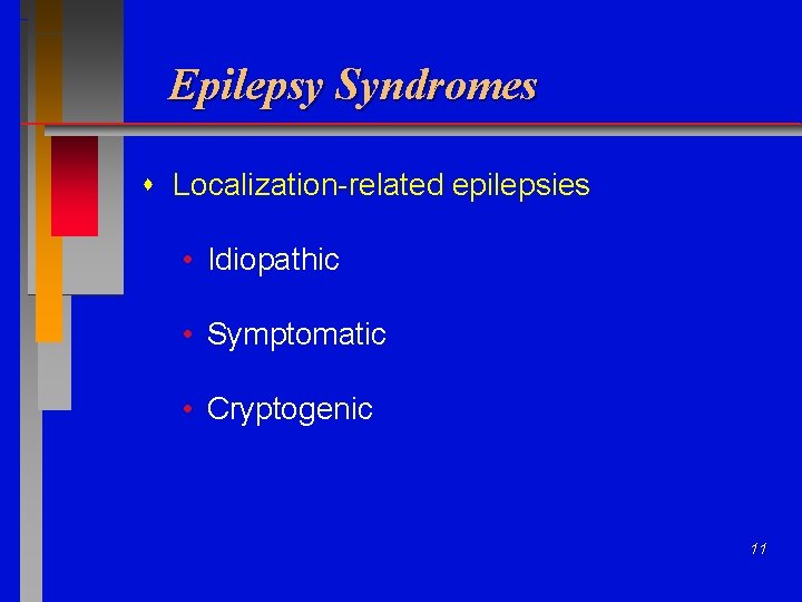 Epilepsy Syndromes Localization-related epilepsies • Idiopathic • Symptomatic • Cryptogenic 11 