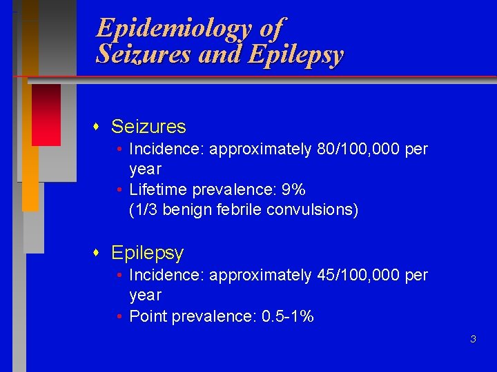 Epidemiology of Seizures and Epilepsy Seizures • Incidence: approximately 80/100, 000 per year •