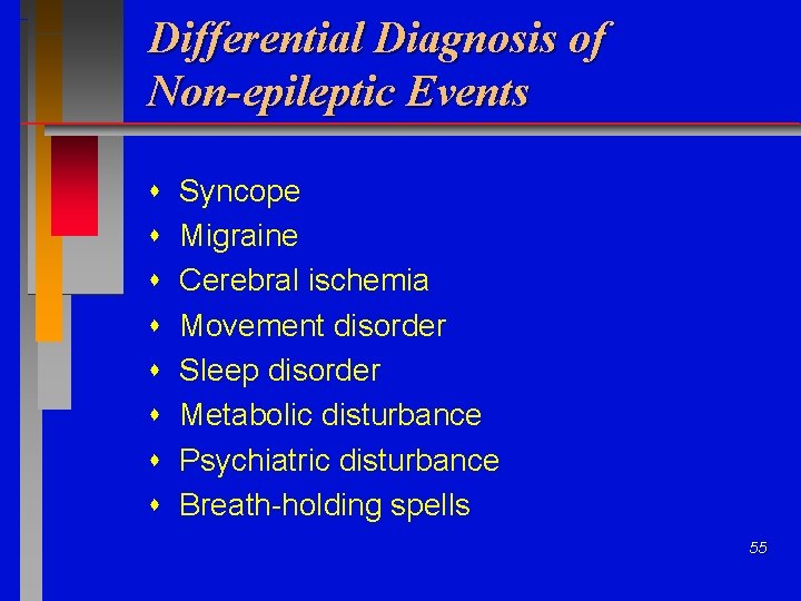 Differential Diagnosis of Non-epileptic Events Syncope Migraine Cerebral ischemia Movement disorder Sleep disorder Metabolic