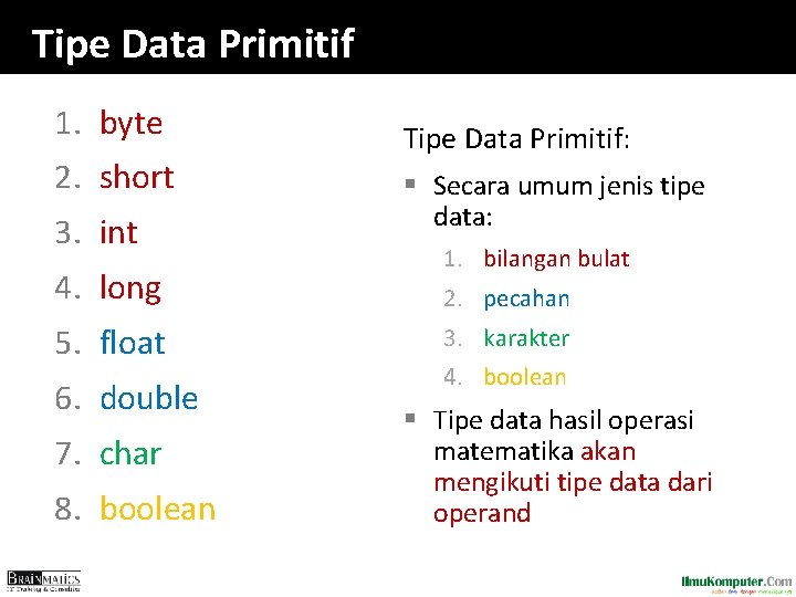 Tipe Data Primitif 1. byte 2. short 3. int 4. long 5. float 6.