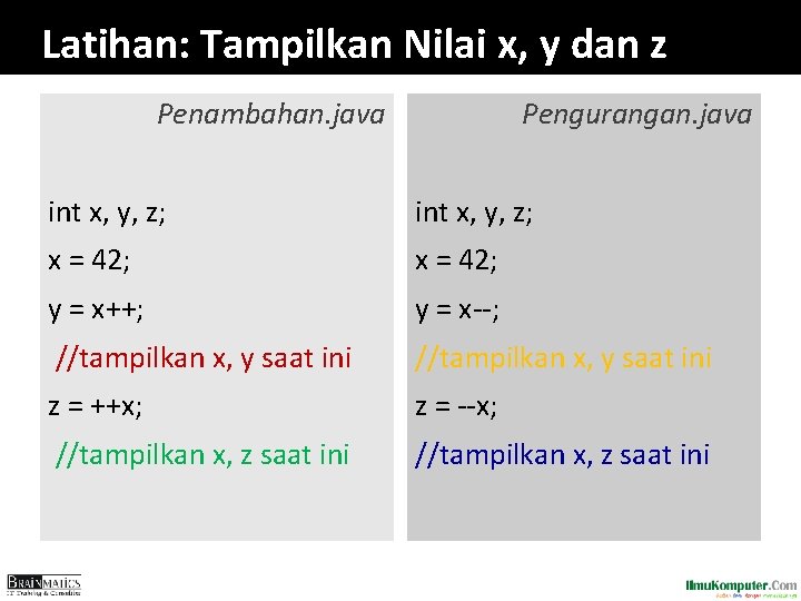 Latihan: Tampilkan Nilai x, y dan z Penambahan. java Pengurangan. java int x, y,